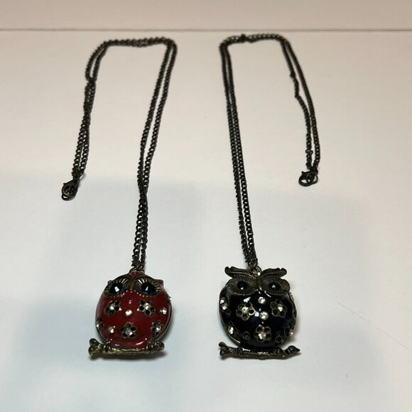 Vintage Black & Red Enamel & Rhinestone Owl Necklaces (2 Piece) SO CUTE! - Picture 6 of 6
